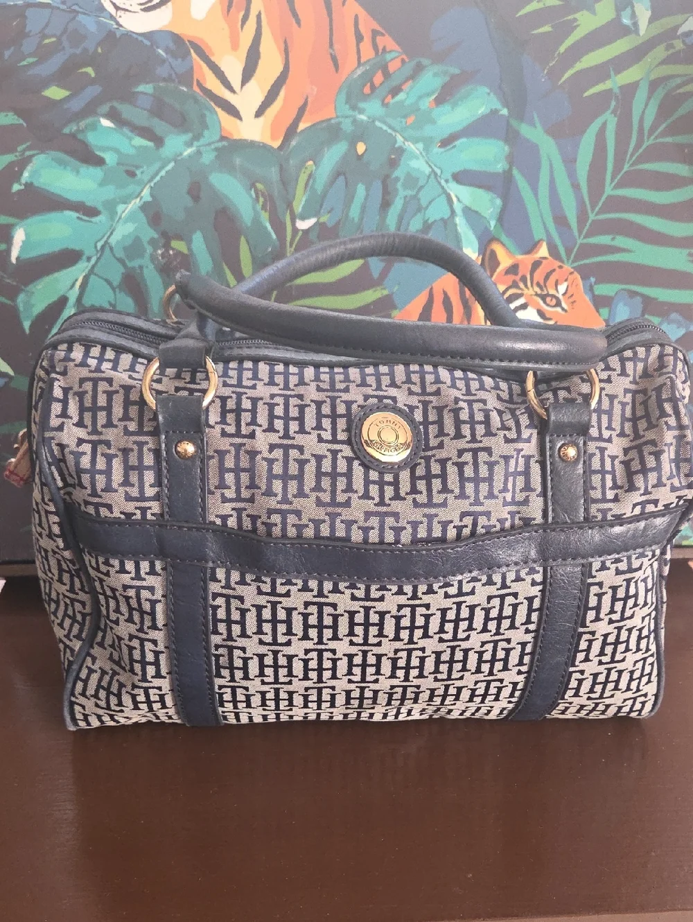 Tommy Hilfiger Navy and Cream Monogram Satchel